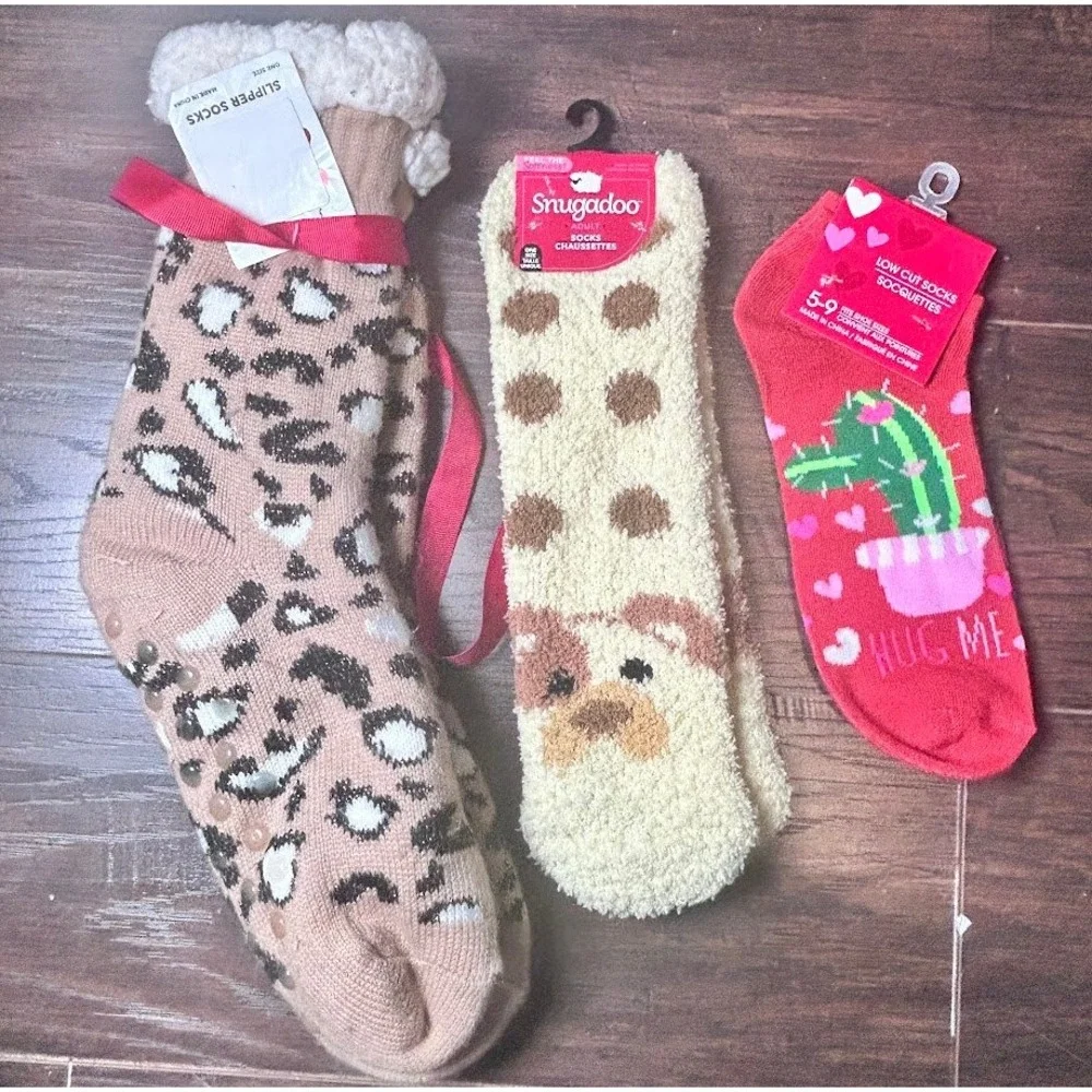 Bundle 3 Pairs Socks Womens Low Cut Slipper‎ Socks Bulldog Cactus Leopard Cozy